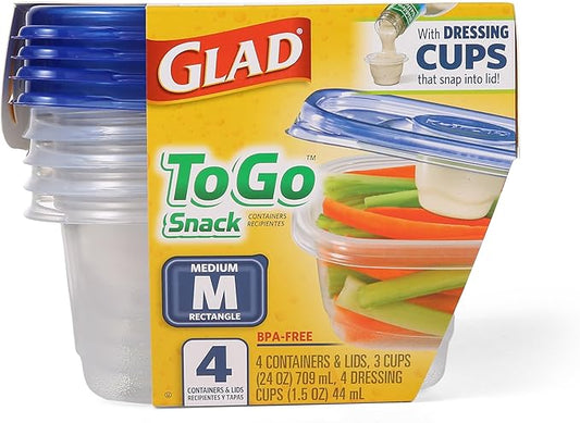 Glad GladWare To Go Snack Food Storage Containers with Lids, Medium Rectangle BPA Free Plastic with Built-In Dressing Cup for Salads and Snacks, Microwave Dishwasher Safe, 24 Oz, 4 Count