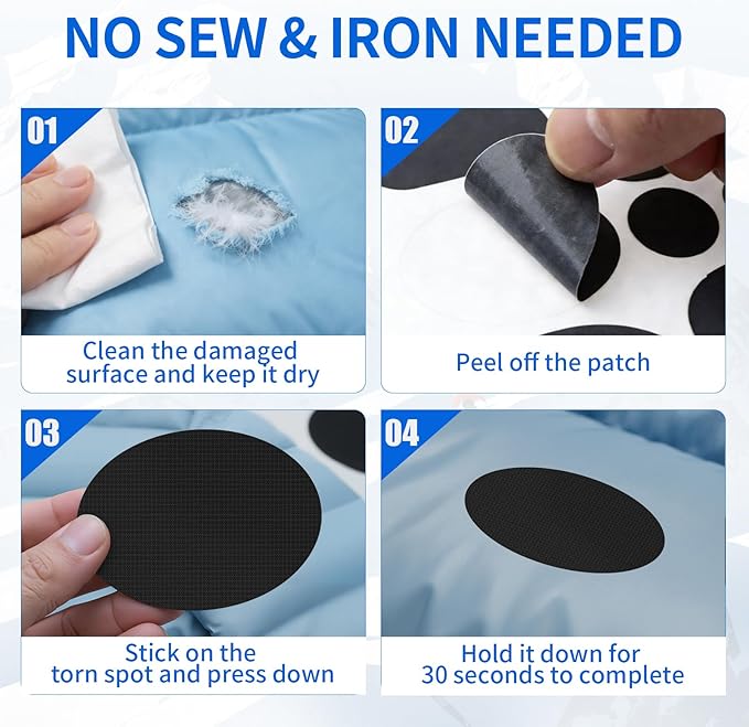 Waterproof Self-Adhesive Nylon Fabric Repair Tape - Tent Repair Kit,48pcs Fabric Patches for Tent, Jacket, Clothes, Puffer Down Jacket,Sleeping Bag, Outdoor Gear Tenacious Repairs Tape, Black