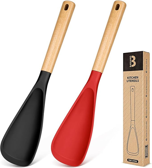 Cooking Spoon for Nonstick Cookwares, Great for Cooking and Serving Sturdy BPA-Free Matte Silicone, Wood Handle Spoon for Mixing, Scoop, and Scrape (Black & Red, 13.4 inch)