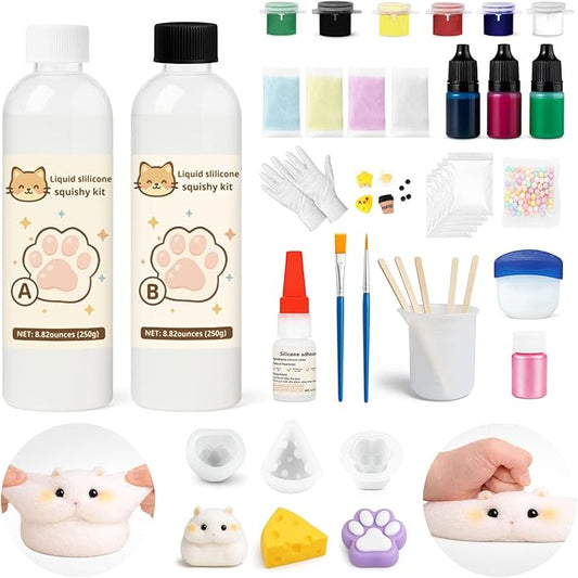 GDDP Taba Squishy Kit, DIY Squishy Making Set with 17.6 oz Liquid Silicone, Animal Molds, Color Pigments, Flocking Powder and Tools, Make Your Own Soft Toys Craft Gift for Teens & Adults