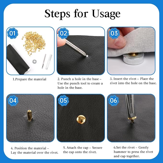100 Sets Leather Rivets 10x10mm Double Cap Rivets Snaps Metal Studs Fasteners with 3pcs Setting Tools for Leather Craft DIY Repair Decoration, Gold Tone