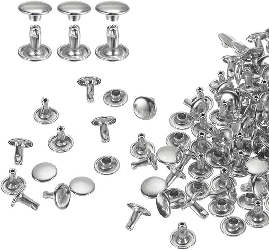 HARFINGTON 100 Sets Double Cap Leather Rivets, 9x8mm Round Cap Tubular Metal Studs Leather Crafting Rivets for Fabric Belt Pet Collar Boot Bag Repair and Decoration, Silver
