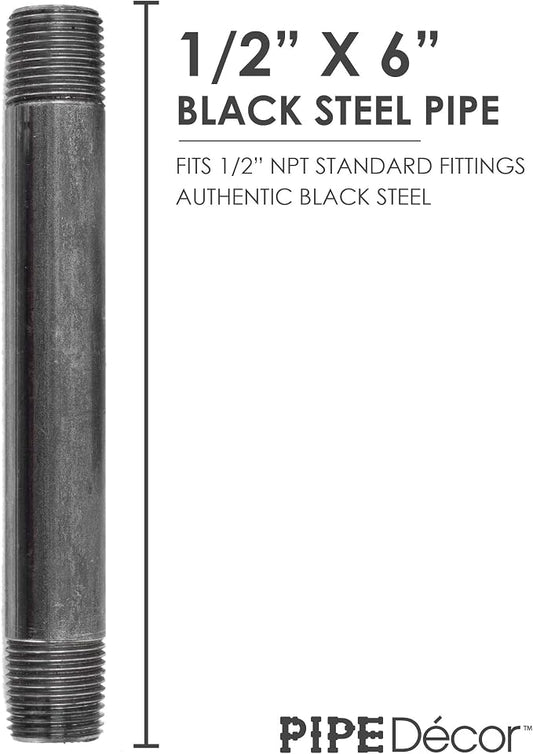 PIPE DÉCOR 1/2” x 6” Malleable Cast Iron Pipe Nipple, Pre Cut Connectors, Industrial Steel Grey Fits Standard Half Inch Black Threaded Pipes Nipples and Fittings, Build Vintage DIY Furniture, 6 Pack