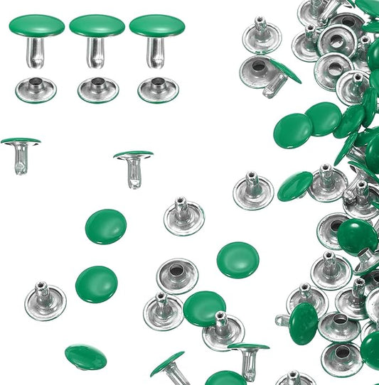 HARFINGTON 100 Sets Double Cap Leather Rivets, 10x10mm Round Cap Tubular Metal Studs Leather Crafting Rivets for Fabric Belt Pet Collar Boot Bag Repair and Decoration, Green