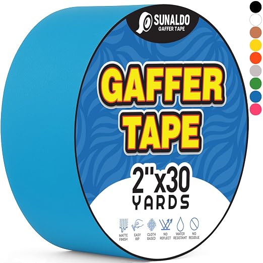 Gaffers Tape Heavy Duty, Easy to Rip, Residue-Free Professional Grade Floor Tape for Electrical Cords, Matte Finish Non Reflective, Weather Resistant (1, Light Blue, 2" x 30 Yards)