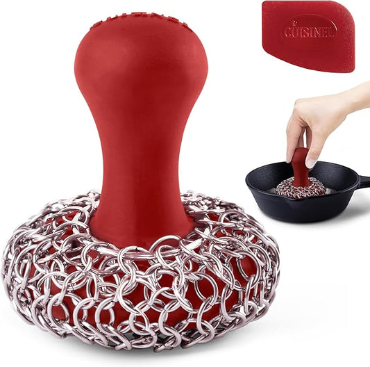 Cuisinel Cast Iron Chainmail Scrubber + Pan Scraper - The Patented Original Ergonomic Stainless & Silicone Pot & Skillet Cleaner - Premium Food-Safe Design - Easy Clean Dishwasher Safe Cookware Sponge