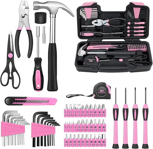 58-Piece Pink Home Tool Set | Basic Household Hand Kit for Women Girls Ladies | All Purpose Small Tool Kit with Storage Toolbox for Home Repair DIY