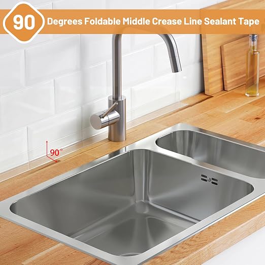 Fixmend Clear Caulk Tape, 1 Roll Self Adhesive Caulk Strip Waterproof, Caulking Sealant Tape for Kitchen, Countertop, Bathroom, Sink, Shower, Bathtub, Toilet Edge Protector with Sealing Tool