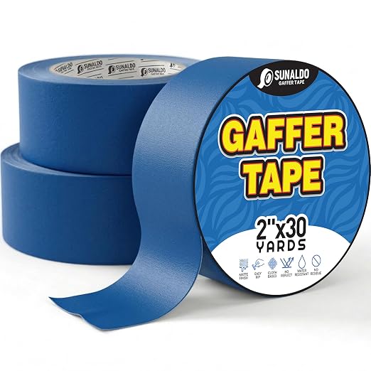 Gaffers Tape Heavy Duty, Easy to Rip, Residue-Free Professional Grade Floor Tape for Electrical Cords, Matte Finish Non Reflective, Weather Resistant (3, Blue, 2" x 30 Yards)