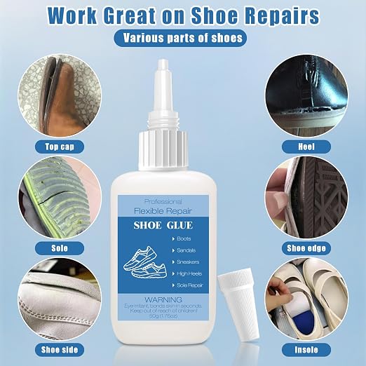 50g Shoe Glue with Nozzles, Clear Quick Dry Waterproof Shoe Repair Glue Strength Adhesive Super Glue Repair for Boots Sneakers Heels Hiking Shoes Leathers Handbags Sandals Rubber Soles