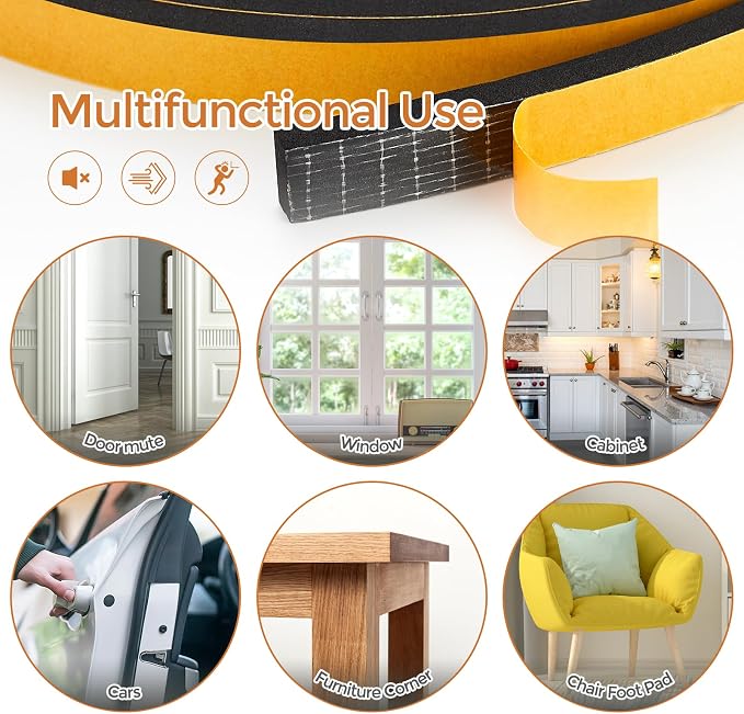 6.5 Feet Weather Stripping Door Seal, 2" Wide X 1" Thick Door Seal Strip High Density Foam Tape Adhesive Strip for Door Soundproofing,Window Insulation (2" x 1" x 6.5FT,Black)