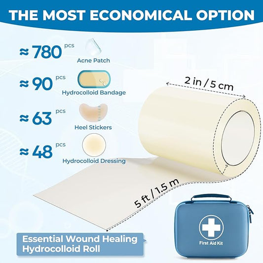 Hydrocolloid Bandages Roll: 2in x 5ft Ultra Adhesivas & Absorbent & Waterproof Large Hydrocolloid Patches for Wound Care Hydro Seal Wound Healing Hydrocolloid Dressing Bandaid Tape
