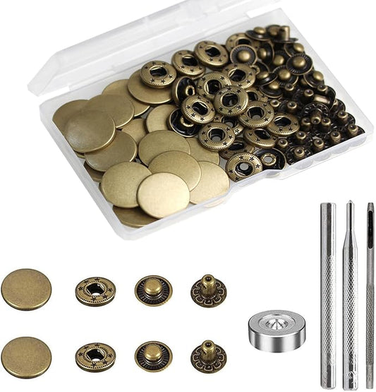 BetterJonny 24 Sets Heavy Duty Leather Snap Fasteners Kit, 20mm Metal Snap Buttons Press Studs Leather Rivets Snaps with 4 Setter Tools for Clothes Bracelet Jackets Jeans Antique Brass