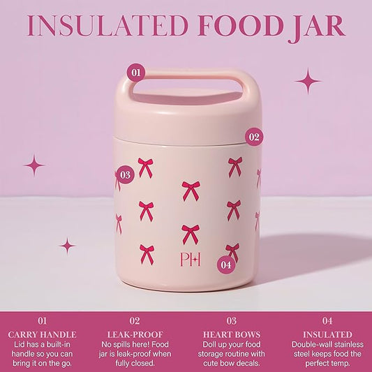 Paris Hilton Stainless Steel Food Jar, Double Wall Vacuum Sealed Insulated Food Storage Container with Carry Handle Lid, 12-Ounce, Pink with Bow Design
