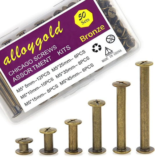 100 Pcs (50 Pair) Bronze Phillips Chicago Binding Screws Assorted Kits,6 Sizes of Flat Head Rivet Hollow Binding Screws Posts, for Leather Saddles Purses Belt Repair（M5 x 5/10/15/25/35/45）