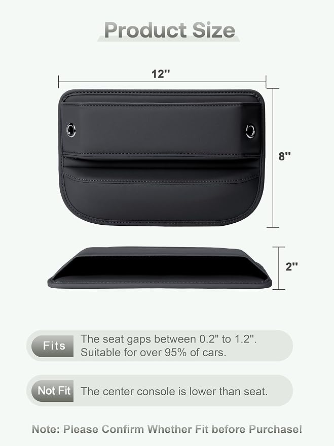Premium Leather Car Seat Gap Filler Organizer (0.2”-1.2" Gaps), Clever Gifts for Car SUV Truck Owners (Black, 1 Pack)