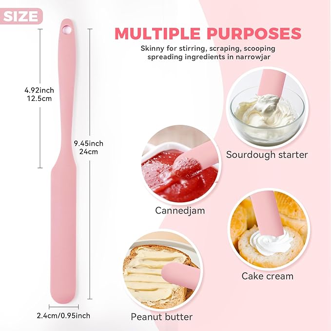 Silicone Jar Spatula Set of 3, Long Handle Skinny Spatula and Spurtle for Sourdough Starter, Flexible Jar Scraper for Peanut Butter, Jam, Icing, Cream with No Batter Left Behind (3)