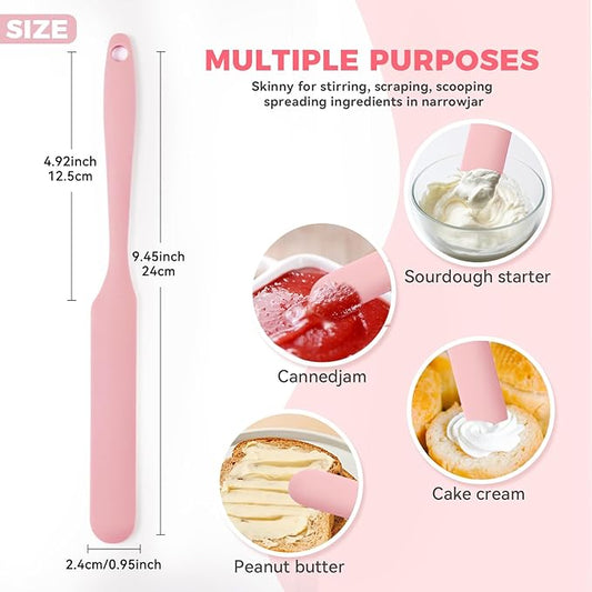 Silicone Jar Spatula Set of 3, Long Handle Skinny Spatula and Spurtle for Sourdough Starter, Flexible Jar Scraper for Peanut Butter, Jam, Icing, Cream with No Batter Left Behind (3)