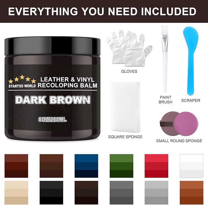 STARTSO WORLD Leather Recoloring Balm, Dark Brown Leather Repair Kit for Furniture, Leather Dye, Leather Color Restorer for Couches, Leather Couch Paint | Repair, Restore Faded & Scratched Leather