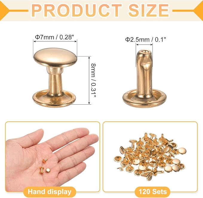 uxcell 120Set Leather Rivets, 7mm Double Cap Rivet Tubular Metal Studs Repairs Decoration Craft Accessories for Repair Decorate Leather Craft Belt Bag Shoes Purse Belts, Light Gold