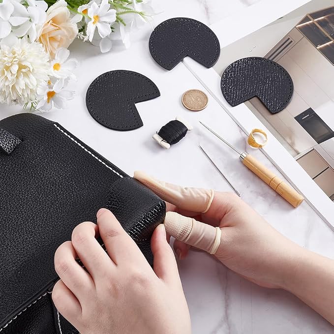 WEBEEDY Bag Corner Repair Set DIY Kit for Bag Corner Fix Protector Black Leather Fabric Repair Patch with Cone,Needle,Thread and Finger Cots for Sewing Fix Leather Bags Working Projects