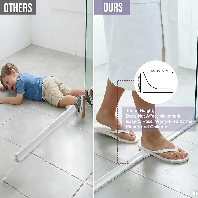 Shower Threshold Water Dam Barrier - Versatile, Silicone Shower Water Guard Stopper Seal Strip for Bathroom Floor, Bathtub Rim, Kitchen Countertop (White, 138 In/ 3.5M)