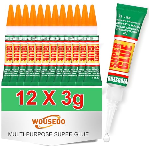 WOUSEDO 12 X 3g Super Glue Clear, Strong Adhesive,Super Glue Fast Drying Cyanoacrylate Glue for Wood,Rubber,Leather, Plastic, Metal, Rhinestone Jewelry, DIY Crafts and More