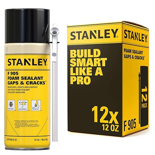 Stanley F905 Gaps & Cracks Sealant (12x12 Oz.) – Polyurethane Spray Foam Insulation for Window & Door, Waterproof Gap Filler, Low Expansion Foam for Indoor & Outdoor Use | Straw Use | 12 Oz. 12 Pack