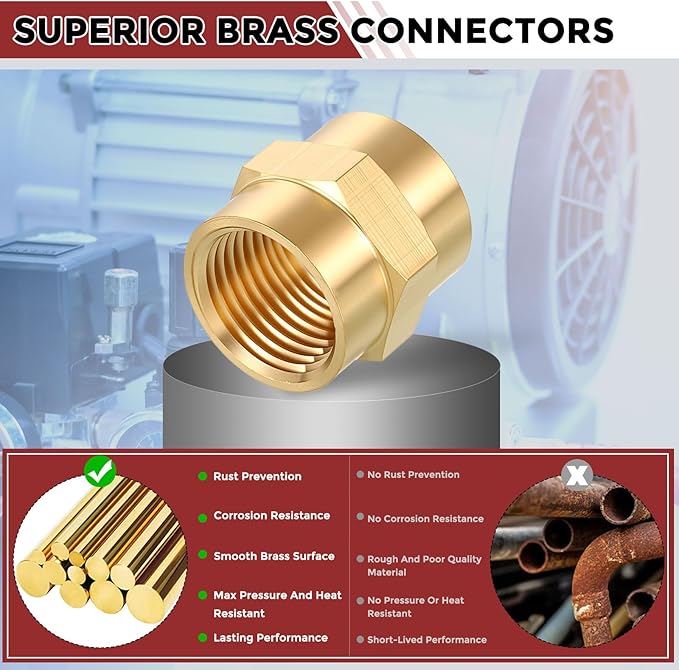 Pack of 5, 1/2" NPT FeMale to 1/2" NPT FeMale Solid Brass Pipe Fitting Coupler, Brass Coupling Hose Fittings Adapter for Pipe Leak Repair, Bathroom Remodeling, Tool Extensions