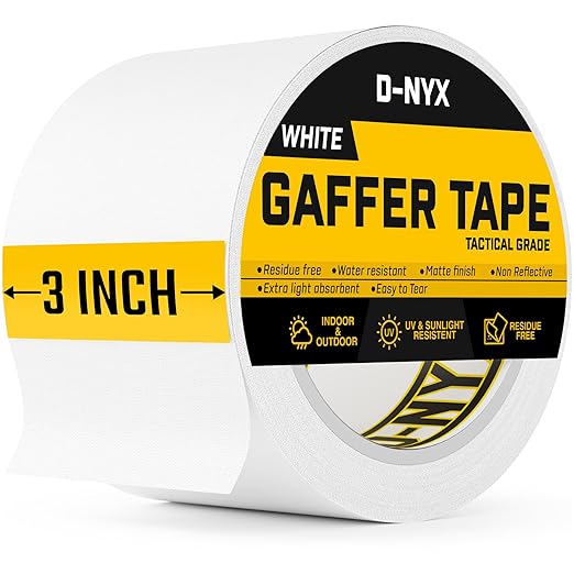 D-NYX Gaffer Tape 3 Inch x 1 Pack White Gaff Tape No Residue, Multipurpose, Heavy Duty Gaffers Tape, Matte Finish Non-Reflective Waterproof Real Professional Grade White Gaffer Tape