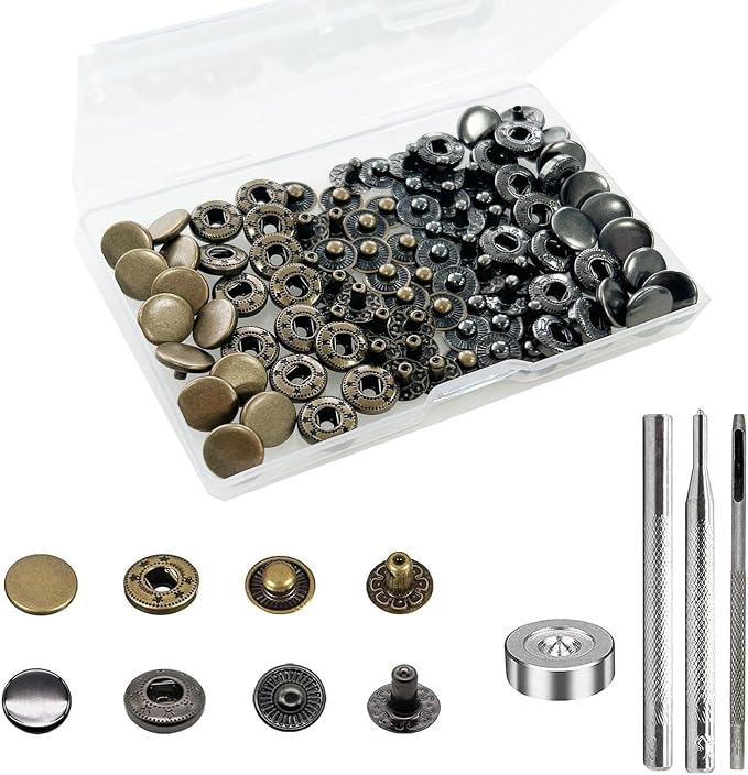 BetterJonny 24 Sets Heavy Duty Leather Snap Fasteners Kit, 10mm Metal Snap Buttons Press Studs Leather Rivets Snaps with 4 Setter Tools for Clothes Bracelet Jackets Jeans, 2 Color