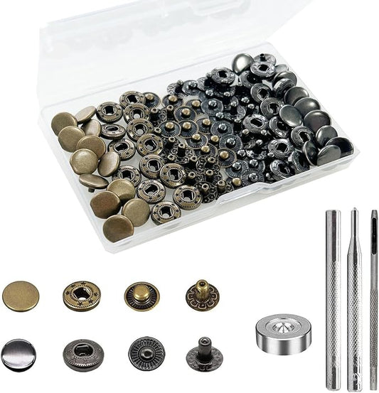BetterJonny 24 Sets Heavy Duty Leather Snap Fasteners Kit, 10mm Metal Snap Buttons Press Studs Leather Rivets Snaps with 4 Setter Tools for Clothes Bracelet Jackets Jeans, 2 Color