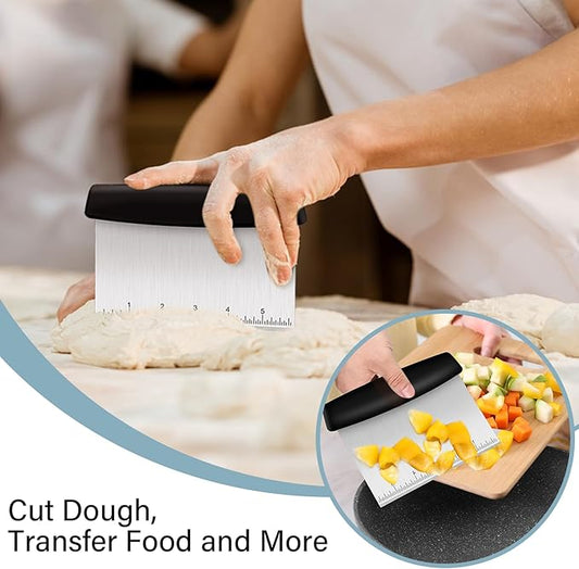 Ecavria Bench Scraper, Premium Stainless Steel Dough Scraper with 2 PCS Flexible Bowl Scraper, Dough Cutter with Measuring Scale, Versatile Kitchen Scraper Set for Pastry Bread Pizza Cake