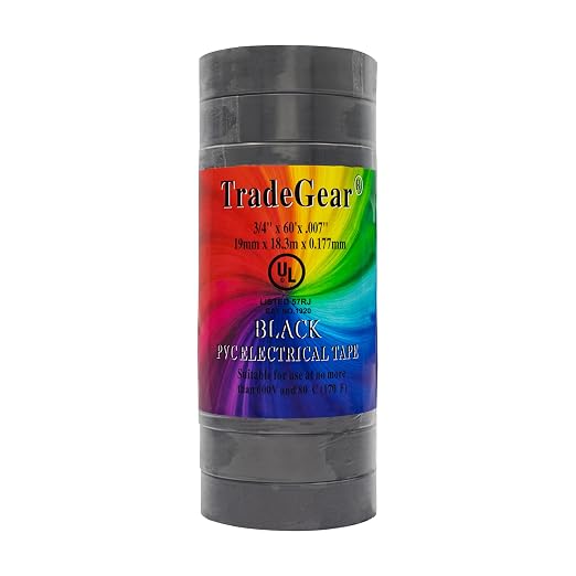 TradeGear Black 10 Pack - UL Listed Colored Electrical Tape, 60 ft x 3/4 in, 600V, Flame Retardant, Waterproof, Rubber Adhesive - Phase Marking, Wire ID, Automotive