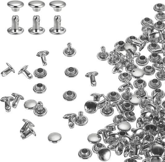 HARFINGTON 100 Sets Double Cap Leather Rivets, 6x6mm Round Cap Tubular Metal Studs Leather Crafting Rivets for Fabric Belt Pet Collar Boot Bag Repair and Decoration, Silver