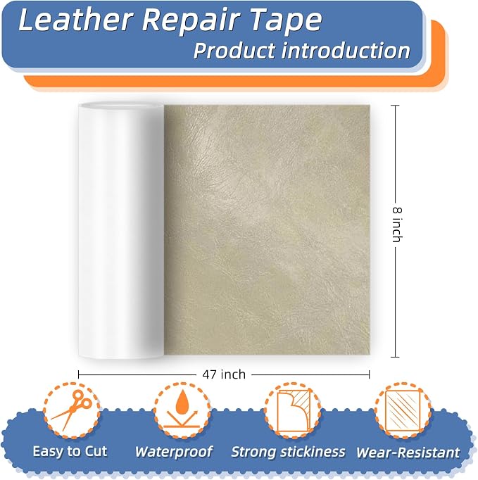 8x47 Inch Leather Repair Tape,Self Adhesive Leather Patches for Furniture,Vinyl Repair Kit for Couches,Bed,Car Seats,Chair (Light Gray)