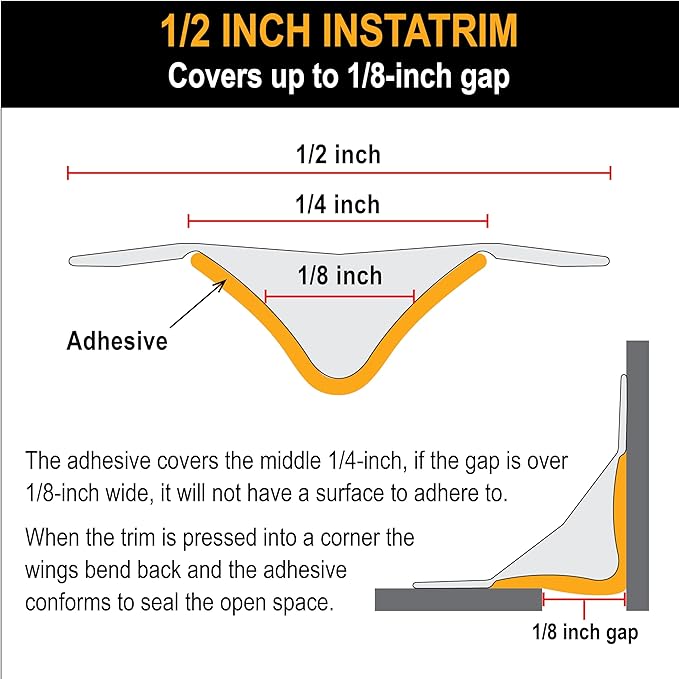 InstaTrim The Original Flexible Trim - 10ft White 1/2" Wide Adhesive Trim with Many Uses Including Bathtubs, Sinks, Counters, Tile, Floors - Made in USA