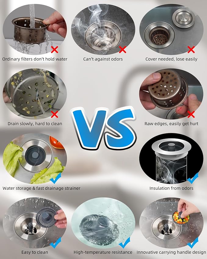 Hibbent Upgraded 3 in 1 Kitchen Sink Drain Strainer and Stopper Combo, Stainless Steel Metal Pop Up Sink Stopper, Anti-Clogging Basket Strainer with Handle for US Standard 3-1/2 Inch Drain