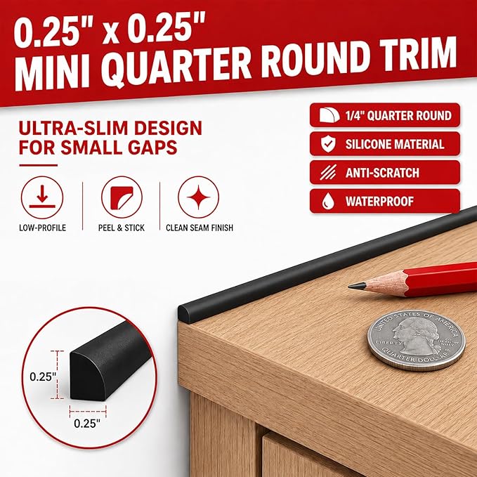 0.25" x 0.25" Mini Quarter Round Molding,20FT Self Adhesive Flexible Trim for Small Gaps, Countertop Wall Seam, Window Sill, Desk & Cabinet Edge, Peel and Stick Finishing Strip