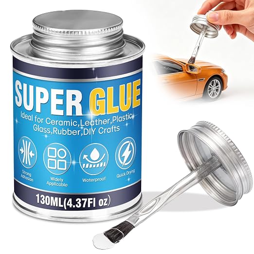 Super Glue, Super Glue All Purpose, 130ml Long-Lasting & Clear Glue with Brush, Powerful Cyanoacrylate Glue for Cotton, Flannel, Denim, Leather, Metal, Wood, PVC, Plastic, Glass, Acrylic, Ceramics