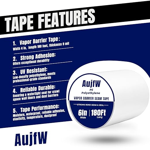 Vapor Barrier Tape, 6" Wide x 180' Long 2 Roll, Polyethylene Tape, for Moisture Barriers and Crawl Spaces, Waterproof Seal and Seam Tape for Underlayment, Insulation and Plastic Liners
