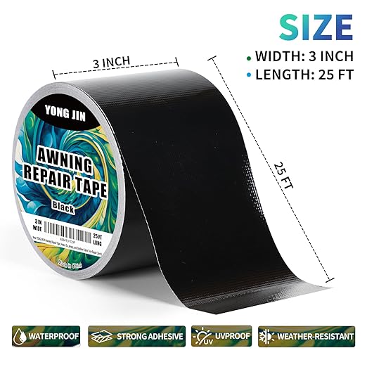 YONGJIN RV Awning Repair Tape, Heavy Duty Outdoor Tent Repair Tape and Tarp Tape, Waterproof Tarp Patch Kit for Camper, Boat Covers, Canvas, Sail, Canopy, and Outdoor Fabric Tear Repair (3 inch)