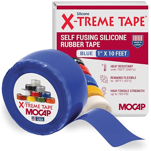 X-Treme Tape MOCAP Heavy Duty Electrical Tape, Self-Fusing Silicone Rubber, Waterproof & Insulating Flexible Tape, Electrical for Hose, Automotive, Outdoor & Repairs - 1" x 10ft Roll - Blue