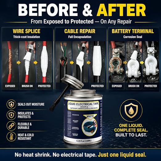 5.29OZ Liquid Electrical Tape, White Insulating Glue with Brush Cap, Waterproof & Flexible Rubber Coating, Quick-Drying for Wires, Cables, Outdoor Electrical Connectors, Marine, Automotive Use
