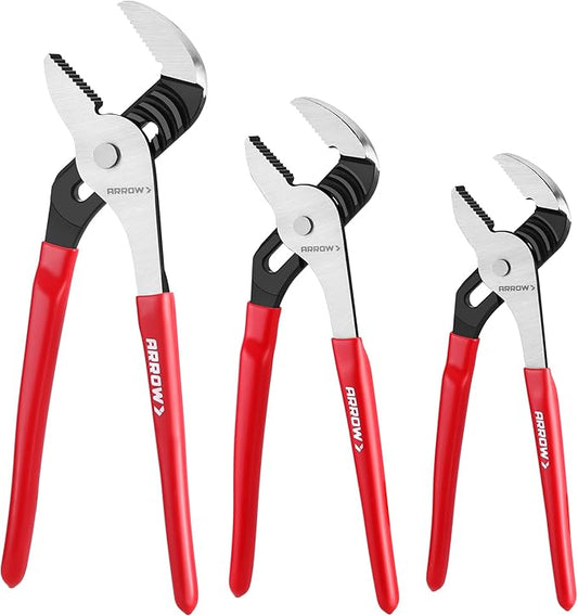 ARROW 3-Piece Groove Joint Pliers Set, Adjustable Water Pump Pliers Set (8", 10", 12") with 5 & 7 Jaw Positions, Serrated Jaws and Comfort Dip-grip Handle, for Plumbing Repair & Home Maintenance