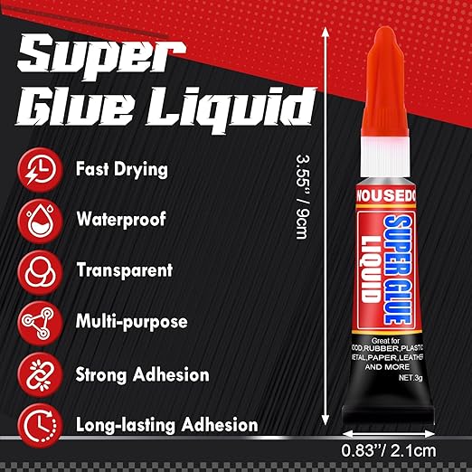 WOUSEDO 24 X 3g Super Glue Liquid, Clear Strong Adhesive,Fast Drying Cyanoacrylate Glue for Wood, Rubber, Leather, Hard Plastic, Metal, DIY Crafts and More