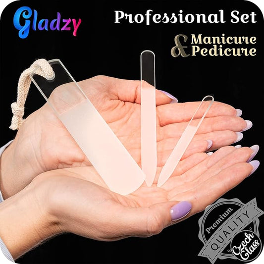 GLADZY Glass Nail File Set - Czech Crystal Manicure Tools for Natural Nails, Glass Foot File Callus Remover, Professional Manicure & Pedicure Foot Spa Kit for Fingernails & Toenails, Made in EU