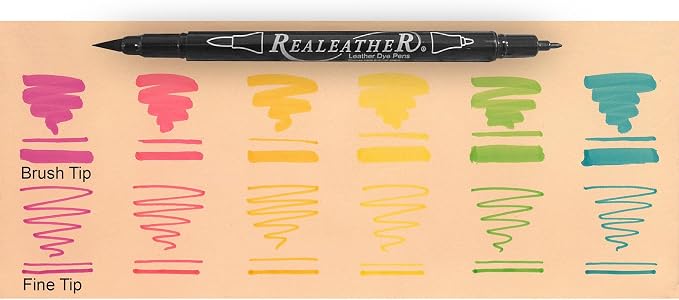 Realeather F2400-05 Leather Dye Pens, Double Sided with Fine and Brush Tips, Bright Colors, 6-Pack