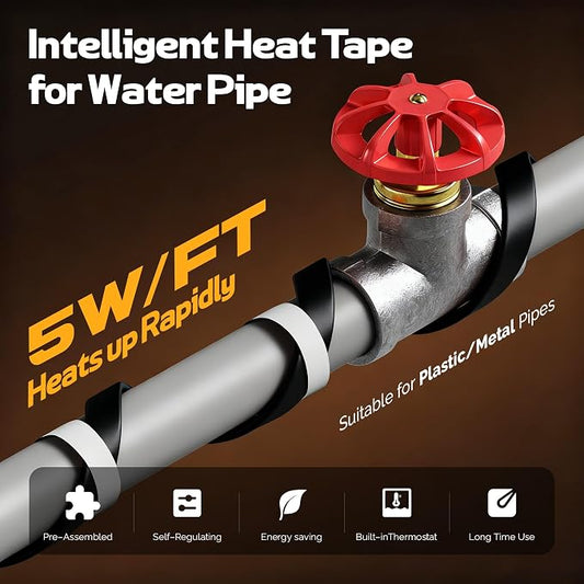 Heat Tape for Water Pipes with Thermostat, Anti-Freeze, Electric Heat Tape, Keeps Water Flowing at -22℉/-30℃, 30FT, Black, Listed 120V