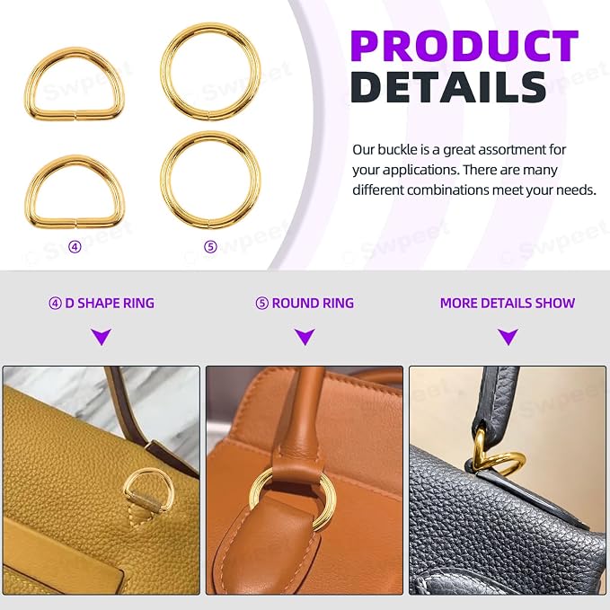 Swpeet 5 Style Metal Buckles - Adjustable Slide, D Ring, Circular Ring